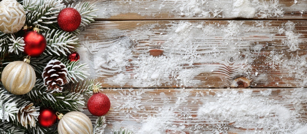 Fototapete Top view of a Christmas themed wooden background featuring a snow dusted fir tree and decorations creating space for your text within the image. copy space available