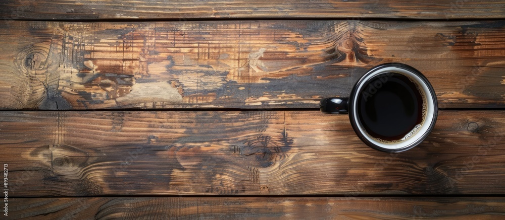 Aufkleber Top view of a black coffee cup on a wooden table with a clear surface available for writing in the background space with no content for adding an inscription. copy space available