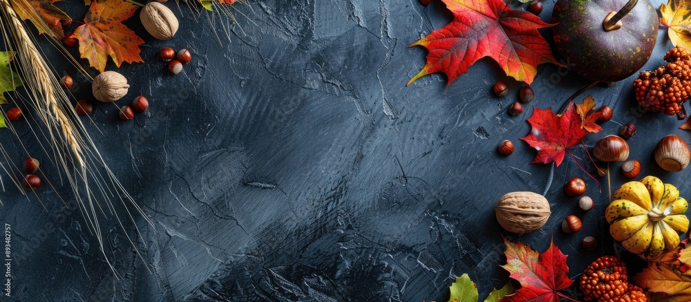 Aufkleber Colorful fall foliage nuts and grass in a corner border atop a rustic dark banner background shown from above with a copy space image below