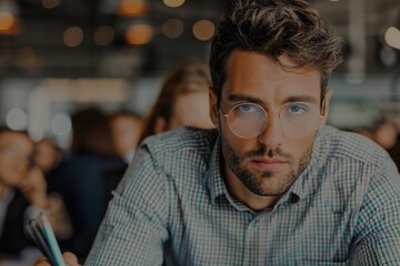Obraz premium A young man, seated at a desk in a bustling office, concentrates intently on his work. The background is filled with other professionals going about their business in a modern work environment.