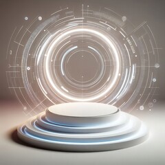 Obraz premium Podium background 3D light tech stage future platform game abstract. Podium 3D background technology room product circle glow effect portal stand studio scene white design ring modern display space. 