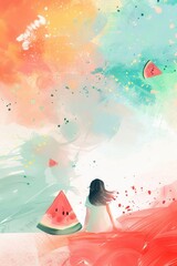 Simple summer theme background template with a cute little girl and watermelon colors