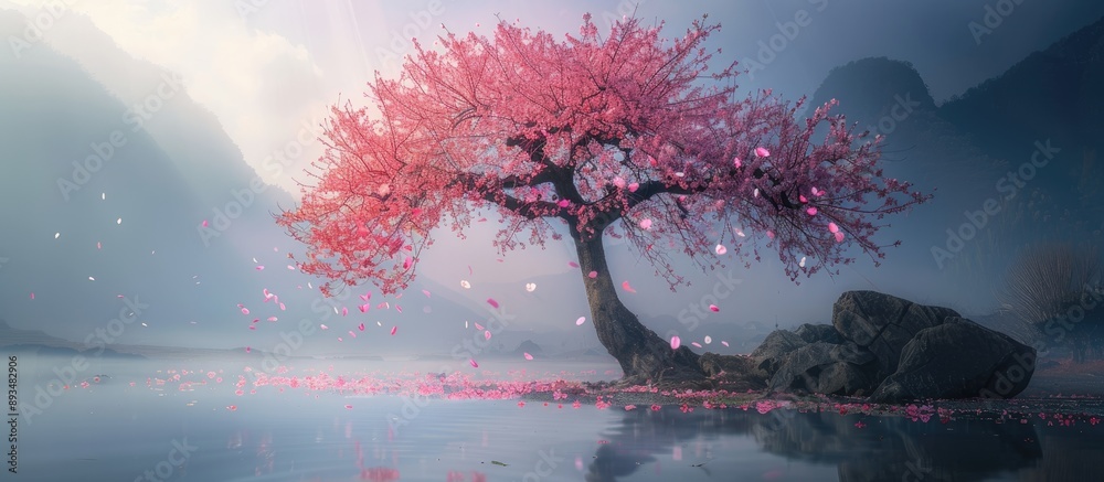 Fototapete spring features a blossoming sakura tree adorned with pink flowers creating a serene copy space imag