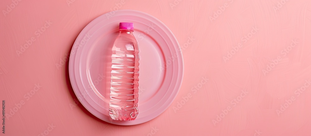 Poster unhealthy consumption concept illustrated with a plastic bottle placed on a plate against a pink bac