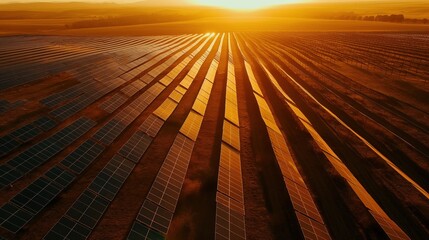 aerial view of a vast solar farm, capturing the extensive deployment of solar panels to generate renewable energy and reduce reliance on fossil fuels