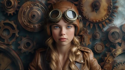 captivating steampunk portrait of a daring aviatrix, complete with aviator goggles, leather flight cap, and a backdrop of intricate gears, epitomizing the adventurous spirit of the genre