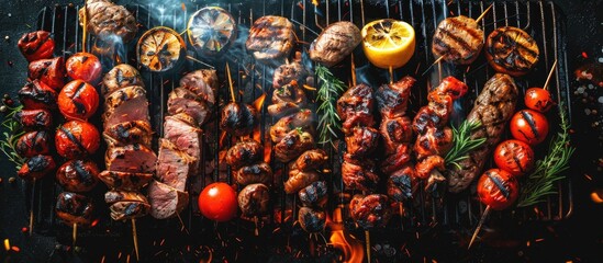 A variety of tasty grilled meats and vegetables over hot coals on a barbecue with copy space image