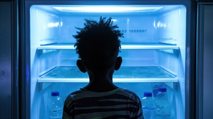 Child looking at an empty refrigerator, representing the struggles of low-income families to afford basic necessities