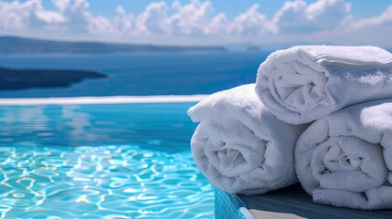 white folded towels on the background of the pool and the beach. selective focus