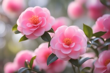 Fototapeta premium Camellia flowers bokeh background, AI Generated