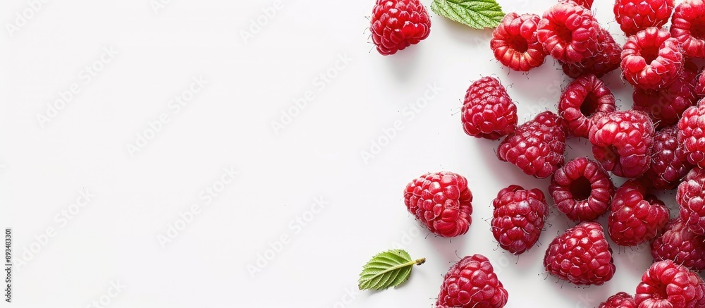 Poster ripe raspberries with a white background ideal for copy space image