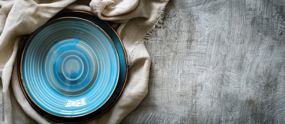 Poster bird s eye view of a blue plate on a tablecloth with a napkin offering a blank canvas for your desig