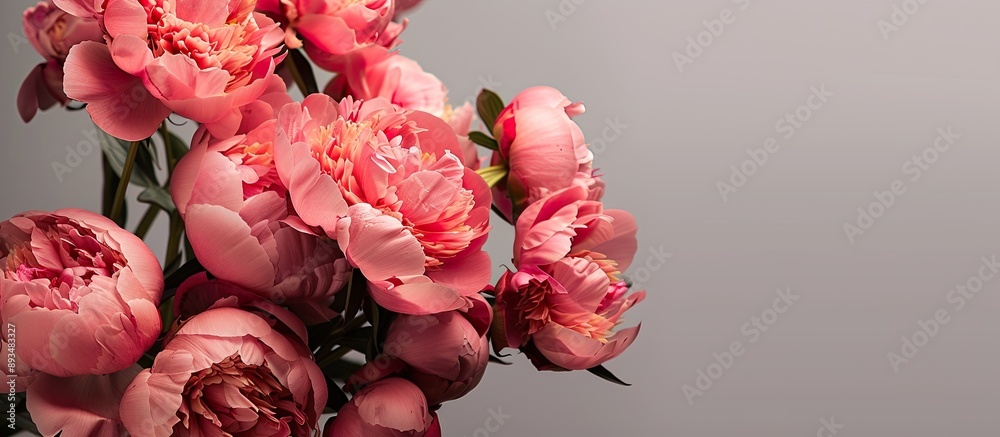 Aufkleber close up of a gorgeous cluster of blooming pink peonies against a gray backdrop with room for text o