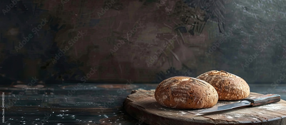 Leinwandbilder Dark grain bread and a knife rest on a wooden board against a dark background creating a rustic composition with copy space image