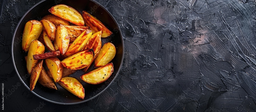 Poster Top view of roasted potato wedges in a frying pan on a dark stone backdrop with copy space image