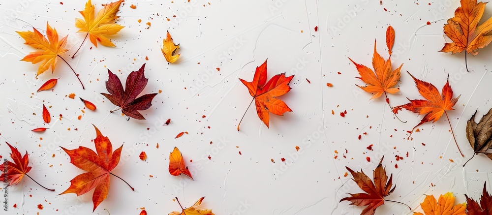 Leinwandbilder top view of multicolored autumn leaves isolated on a white background with a falling orange leaf and