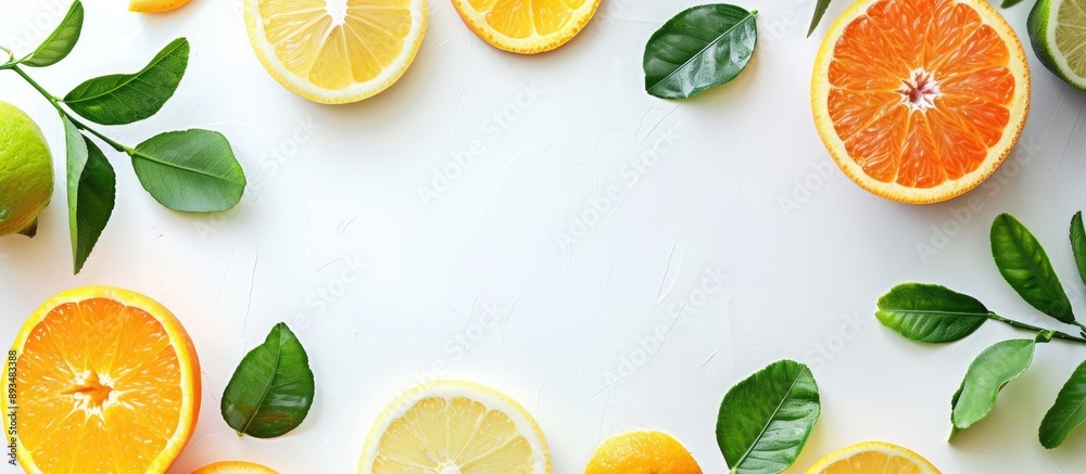 Leinwandbilder Various sliced citrus fruits and leaves arranged on a white table in a flat lay style with room for text on the image. copy space available
