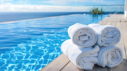white folded towels on the background of the pool and the beach. selective focus