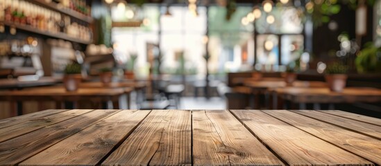 Fototapeta premium Empty brown wooden table with a blurred coffee shop background perfect for product display or photomontage with copy space image