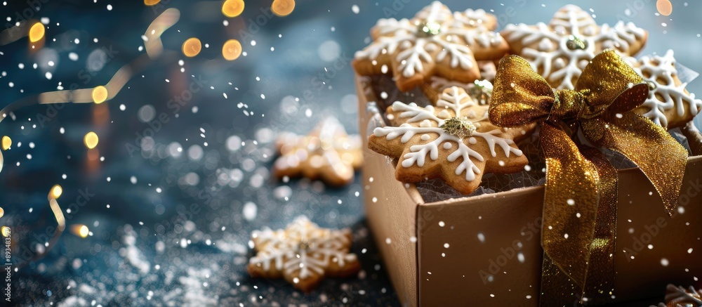 Poster festive gift box with golden bow filled with snowflake shaped cookies featuring a new year s and chr