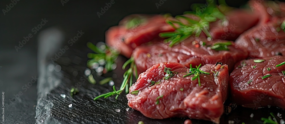 Poster Close up shot of raw meat on a black backdrop with copy space image