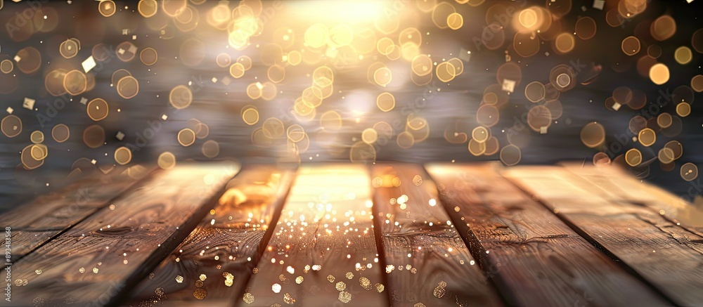 Aufkleber Wooden platform with blurred sparkles ideal for showcasing products with copy space image