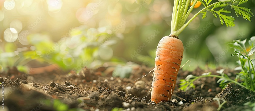 Poster selective focus on a freshly harvested carrot in the garden with copy space image