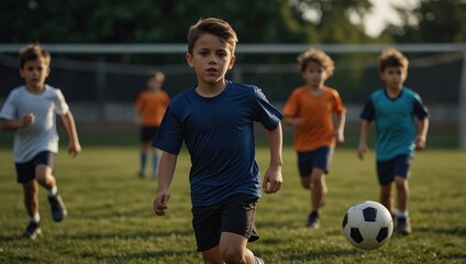 Obraz premium Portrait of children running and playing football at football field. Attractive energetic boy wearing sportswear while preparing for powerful kick at soccer field. Skilled kid playing soccer