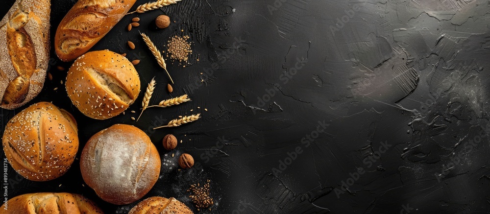 Poster Top view of assorted fresh baked bread and buns on a black background with copy space image