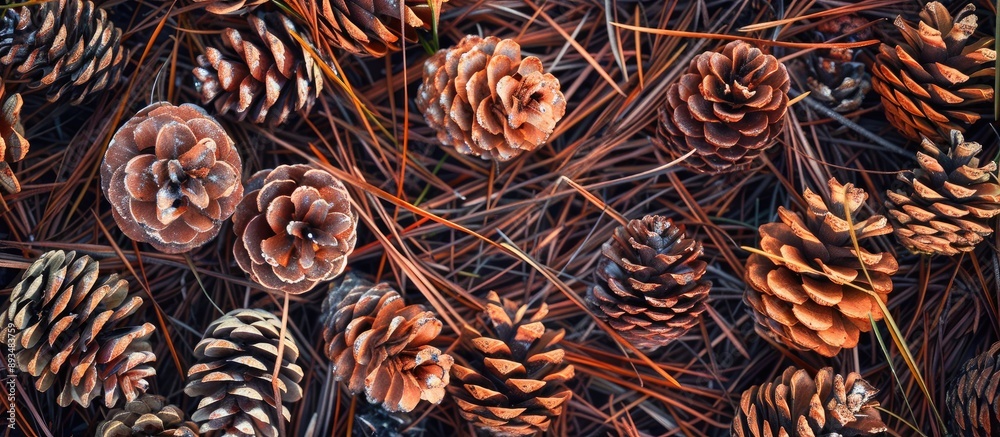 Poster Pinecones resting on a bed of pine needles creating a natural backdrop for a copy space image
