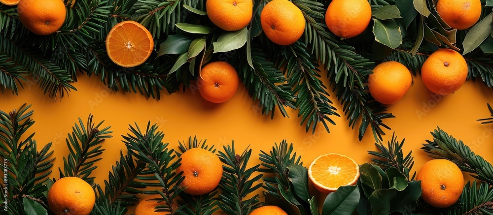 Aufkleber christmas tree branches with tangerines arranged on a bright backdrop creating a beautiful copy spac