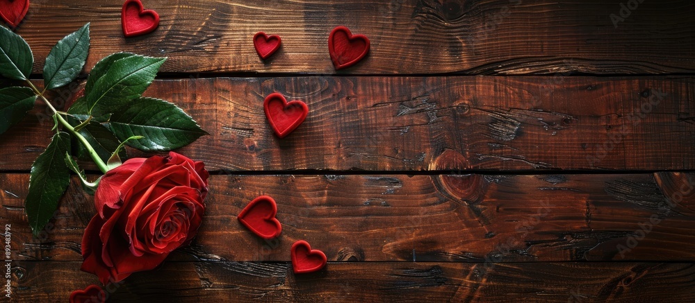 Leinwandbilder view from above showing a red rose and heart decorations for valentine s day on a wooden surface wit