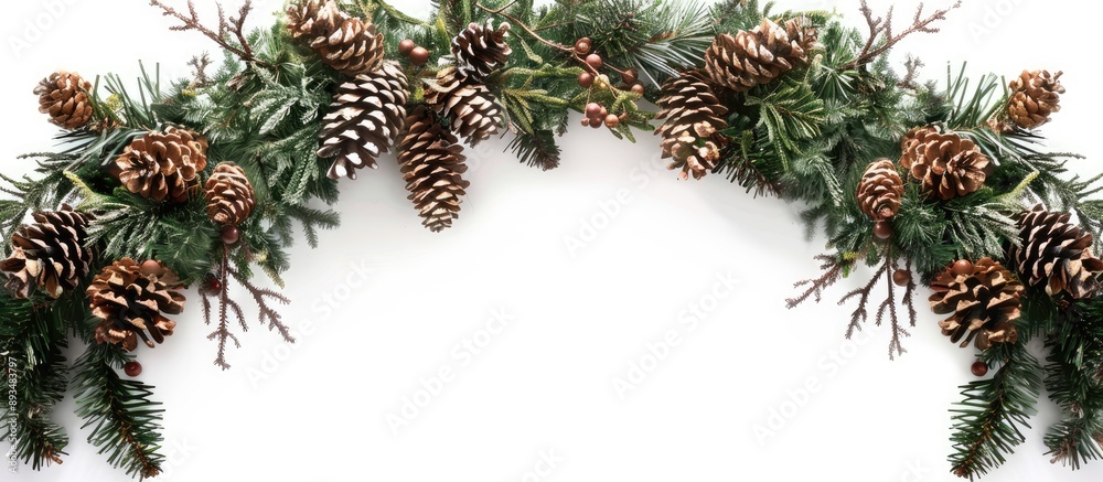 Poster Christmas themed border on white background featuring an expansive arch shape created from fresh fir branches and cones perfect for adding copy space image