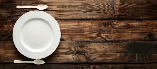 A wooden table displaying a white plate with ample copy space image