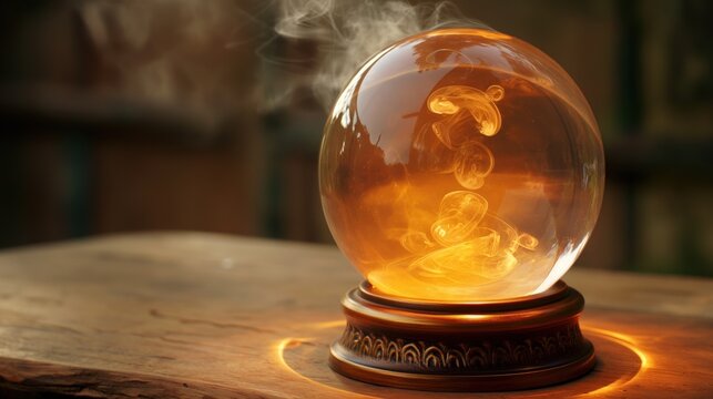 Magical crystal ball glowing with swirling mist, used for scrying and divination by those who seek to uncover hidden truths and foresight
