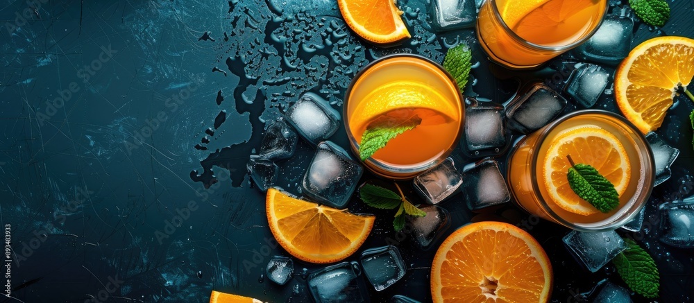 Aufkleber Top down view of fresh orange juice orange slices mint leaves and ice on a dark backdrop with ample space for additional content like a logo or text copy space image