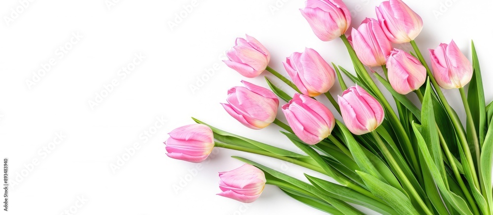 Poster A banner displaying top view of a bouquet of pink tulips on white backdrop with copy space image showcasing spring flowers