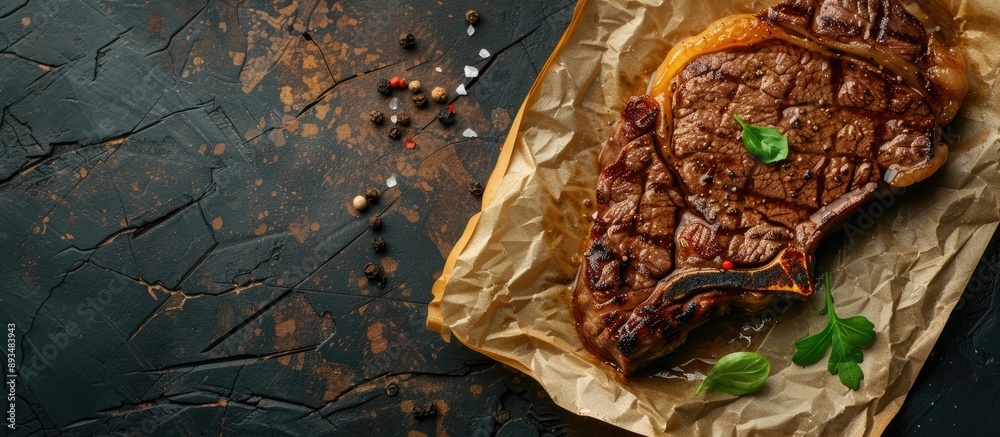 Aufkleber Beef steak placed on parchment paper against a dark background with copy space image available