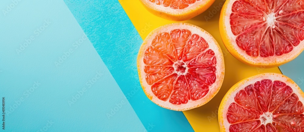Aufkleber Top view of vibrant grapefruit slices on a colored background creating a creative summer concept A half of the citrus fruit is displayed in a minimalistic flat lay with copy space image