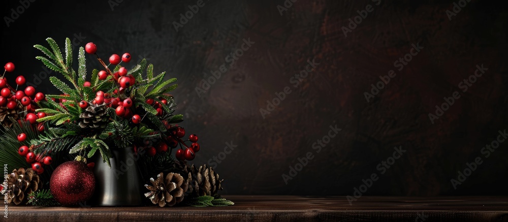 Poster festive christmas table arrangement against a black backdrop with copy space image
