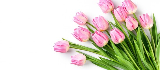 Obraz premium A banner displaying top view of a bouquet of pink tulips on white backdrop with copy space image showcasing spring flowers
