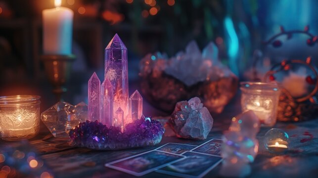 Mystical scene of crystals and tarot cards, used together in divination to gain insight and guidance from the spiritual realm