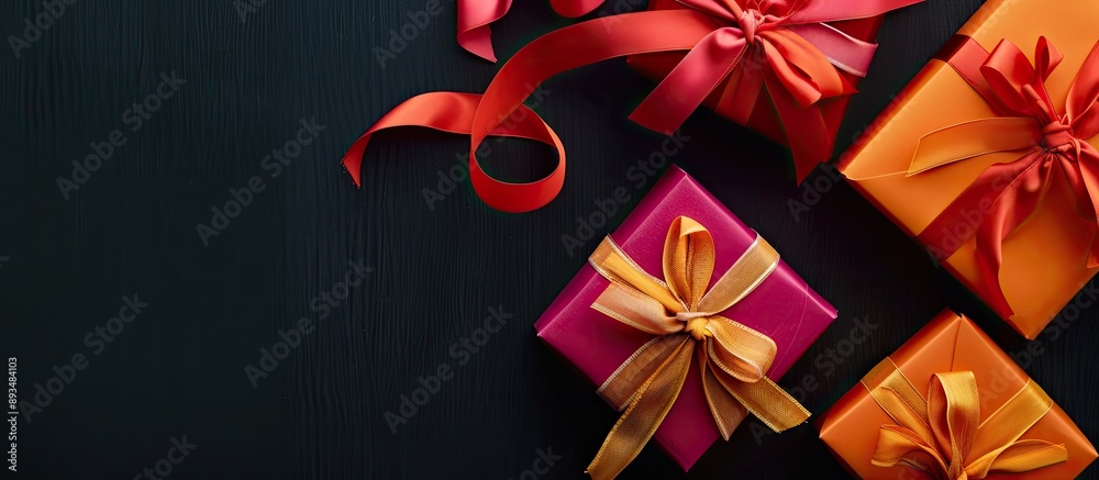 Poster gift boxes with colorful ribbons on black background seen from above providing copy space image