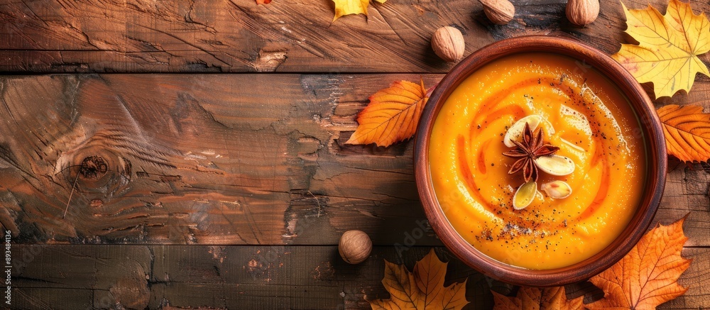 Poster view from the top of a fall themed vegetarian pumpkin cream soup perfect for the season with ample c