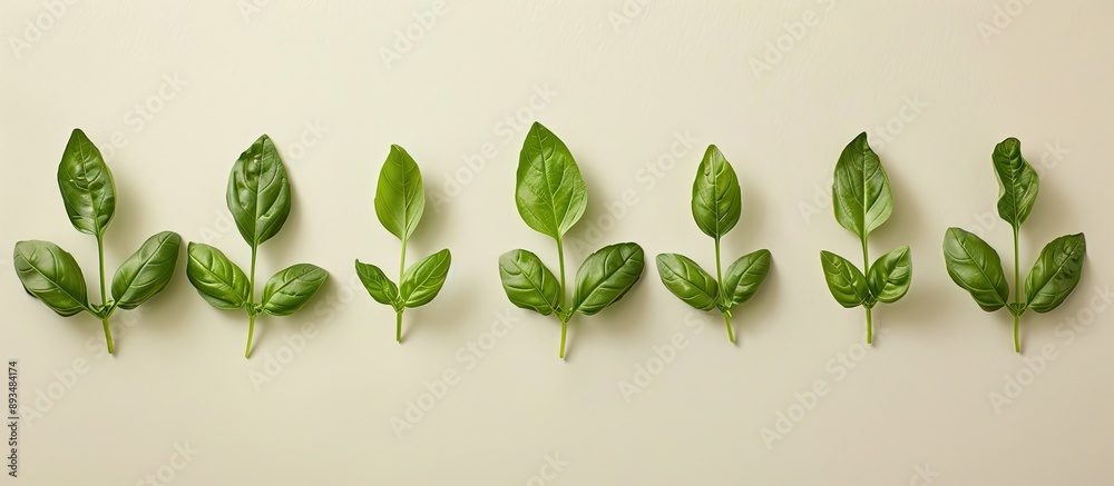 Poster Basil leaves arranged neatly against a plain white backdrop perfect for a copy space image