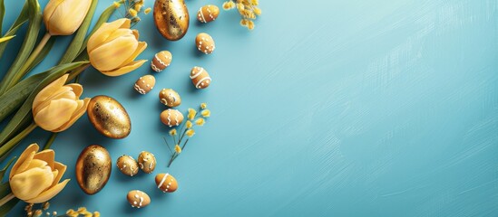 Fototapeta premium A stunning composition with Easter themed golden eggs yellow tulips and painted wooden eggs on a blue background offering ample copy space for text creating a beautiful greeting card template