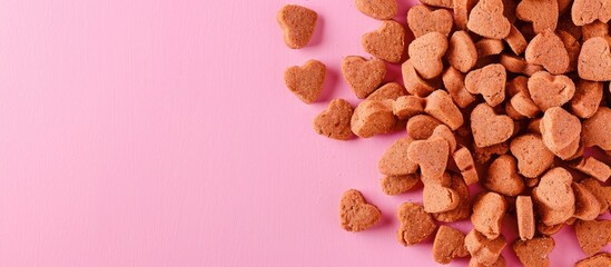 Top down view of heart shaped dried dog food on a pink background conveying Valentine s Day and pet lover themes for a copy space image