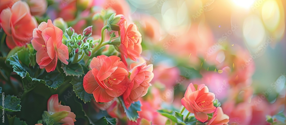 Poster urban environment enhanced with lush begonia flowers featuring selective focus and a background idea