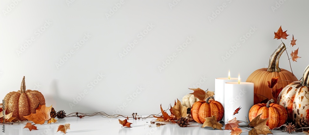 Poster table set with autumnal elements like pumpkins dried leaves and a lit candle against a white backdro