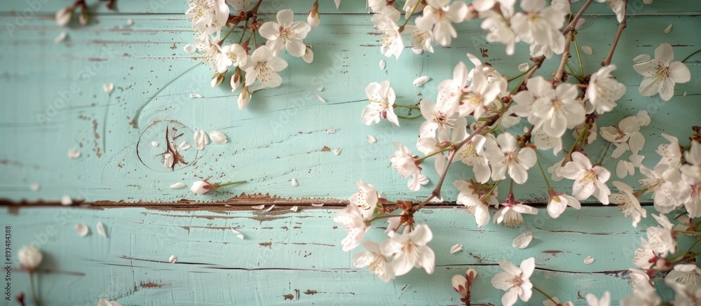 Poster Overhead view of a white cherry blossom tree in spring against a soft mint wooden backdrop with copy space image
